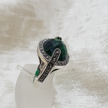 Load image into Gallery viewer, Sterling Silver Green Stone and Marcasite Dress Ring
