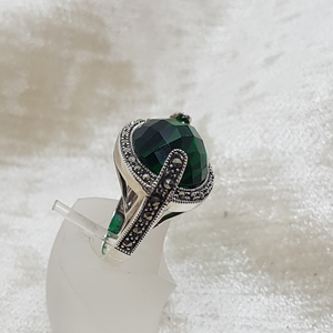 Sterling Silver Green Stone and Marcasite Dress Ring