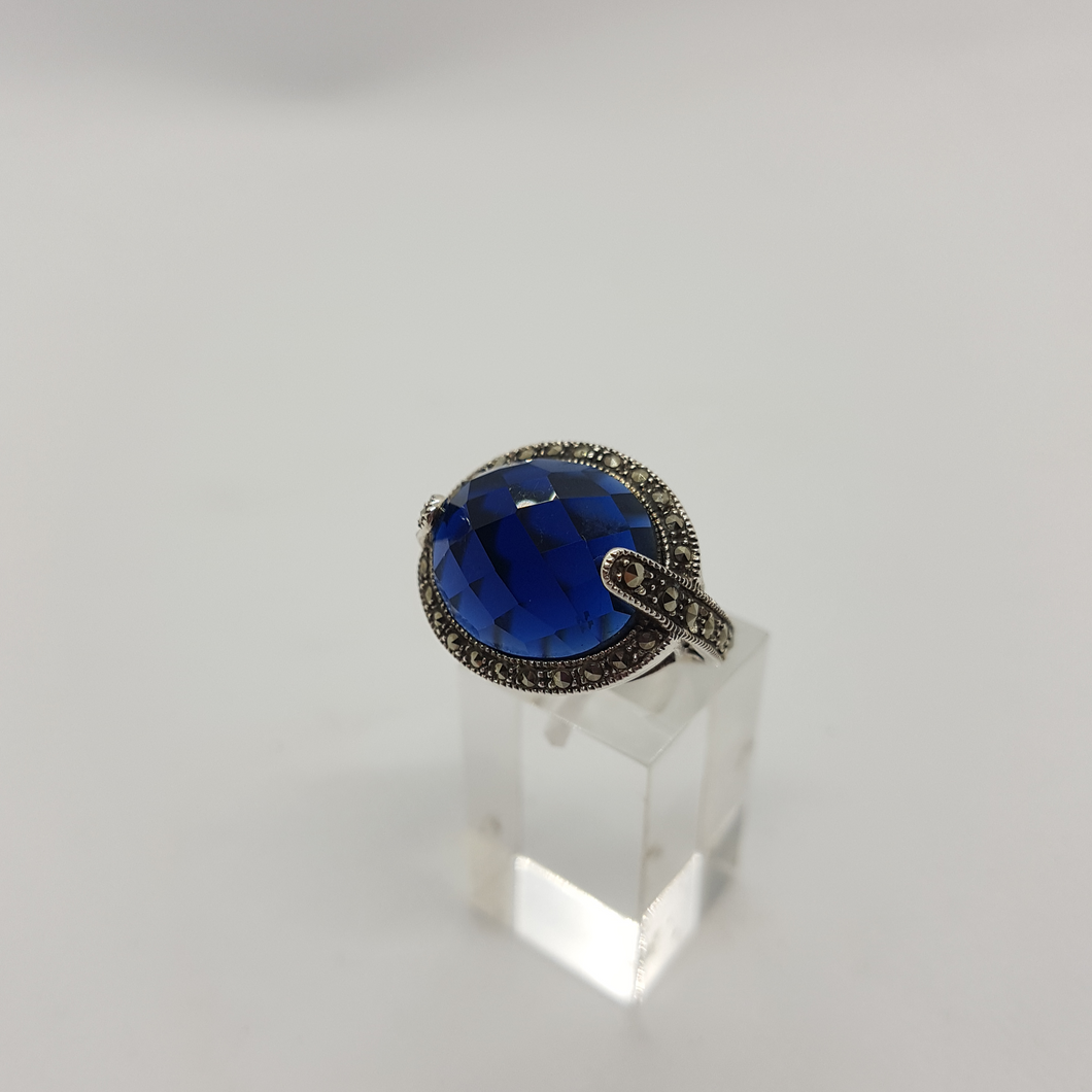 Sterling Silver Blue Stone Marcasite Ring