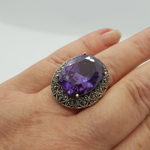 Sterling Silver Purple Stone and Marcasite Ring