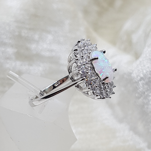 Sterling Silver Oval White Opal CZ Cluster Ring