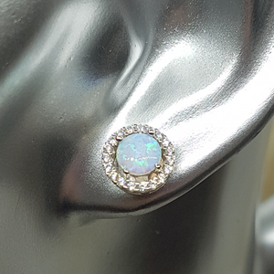 Sterling Silver Opal and CZ Stud Earrings