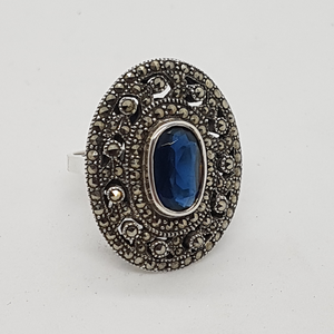 Sterling Silver Blue Stone Marcasite Ring