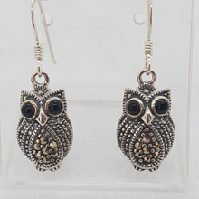 Load image into Gallery viewer, Sterling Silver Marcasite and Black Onyx Owl Earrings

