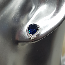 Load image into Gallery viewer, Sterling Silver Sapphire and White CZ Pear Cut Stud Earrings
