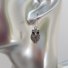Load image into Gallery viewer, Sterling Silver Marcasite and Black Onyx Owl Earrings
