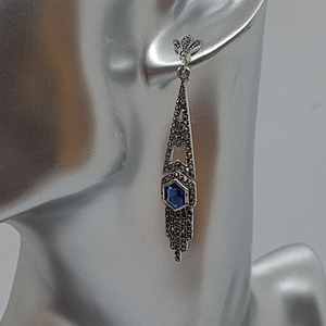 Sterling Silver Blue Stone Marcasite Art Deco Style Earrings