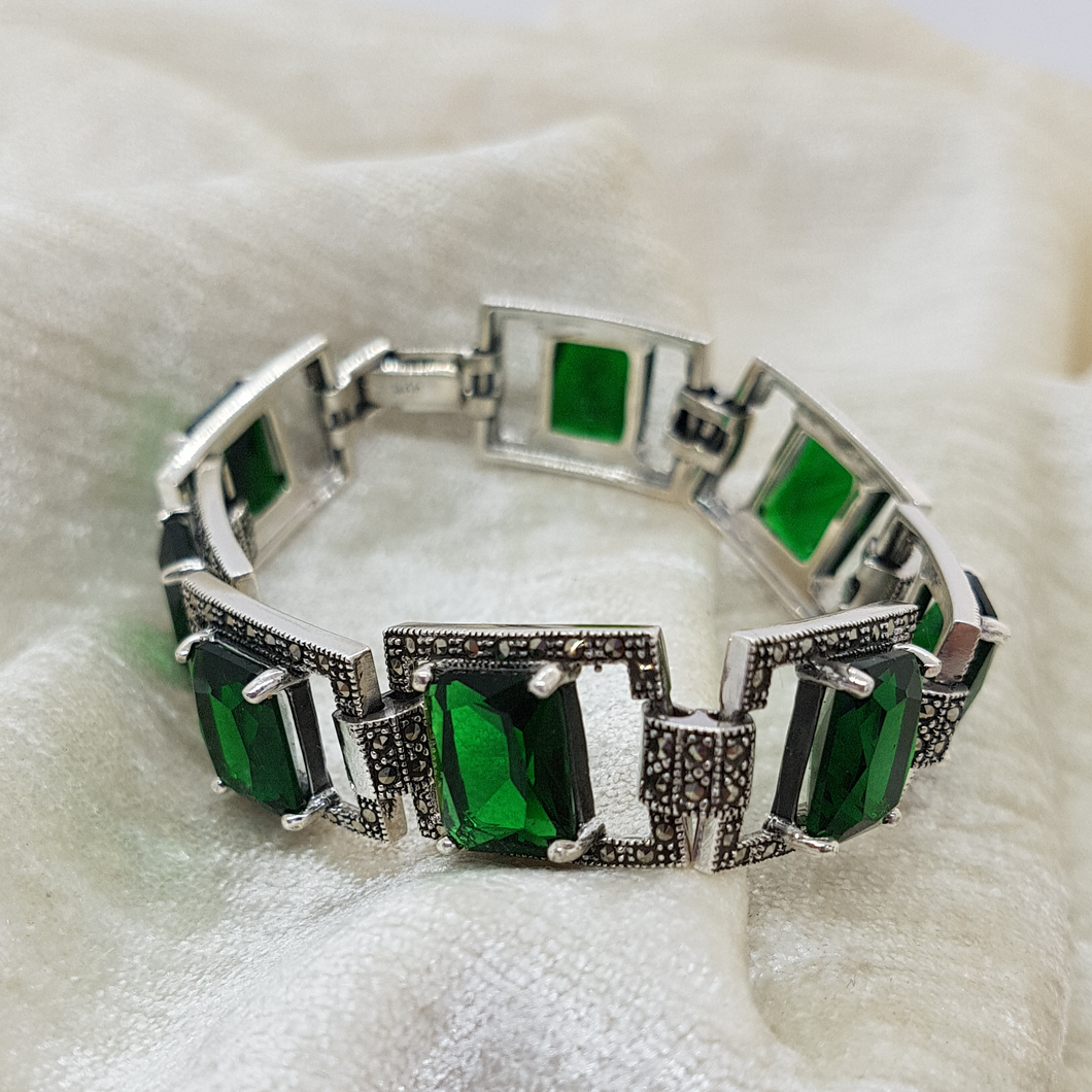 Sterling Silver Marcasite and Green Stone Bracelet