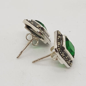 Sterling Silver Marcasite and Green Stone Earrings