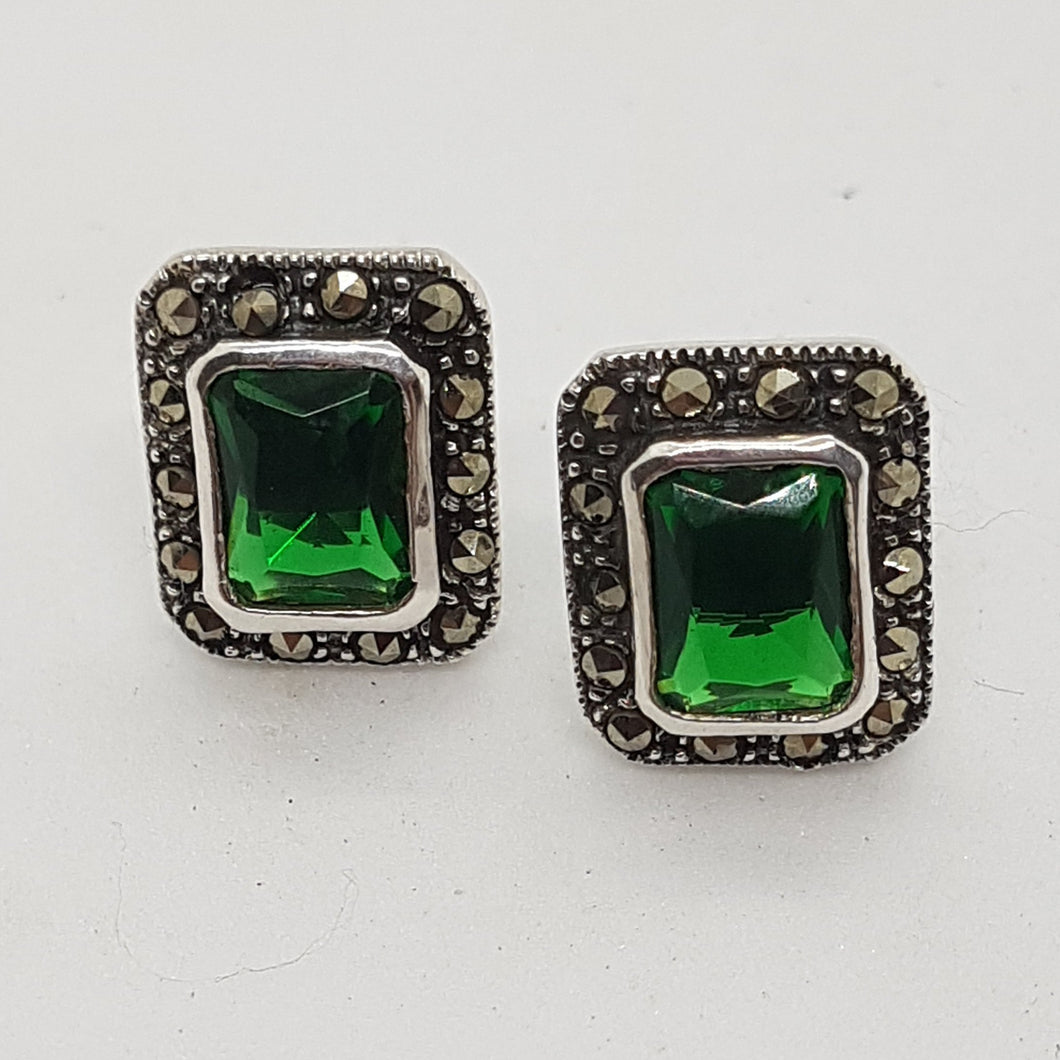 Sterling Silver Marcasite and Green Stone Earrings
