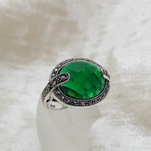 Sterling Silver Green Stone and Marcasite Dress Ring