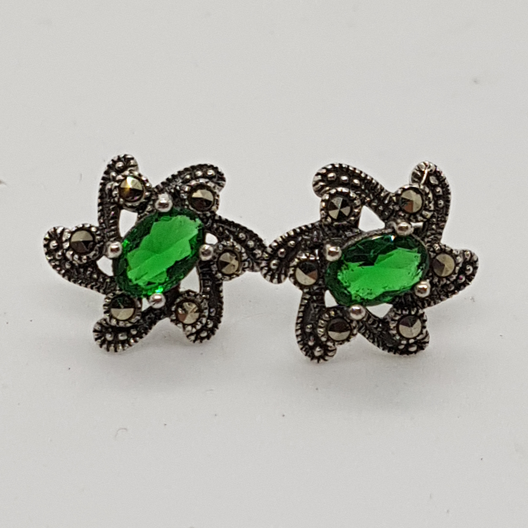 Sterling Silver Green Stone and Marcasite Stud Earrings