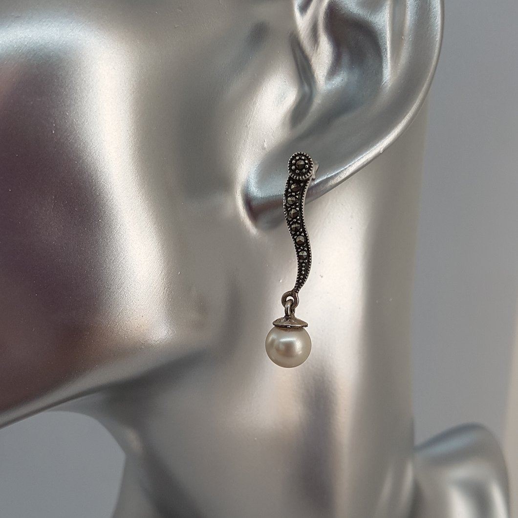 Sterling Silver Marcasite and Faux Pearl Earrings