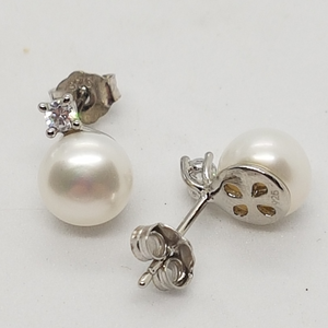 Sterling Silver Freshwater Pearl and CZ Stud Earrings