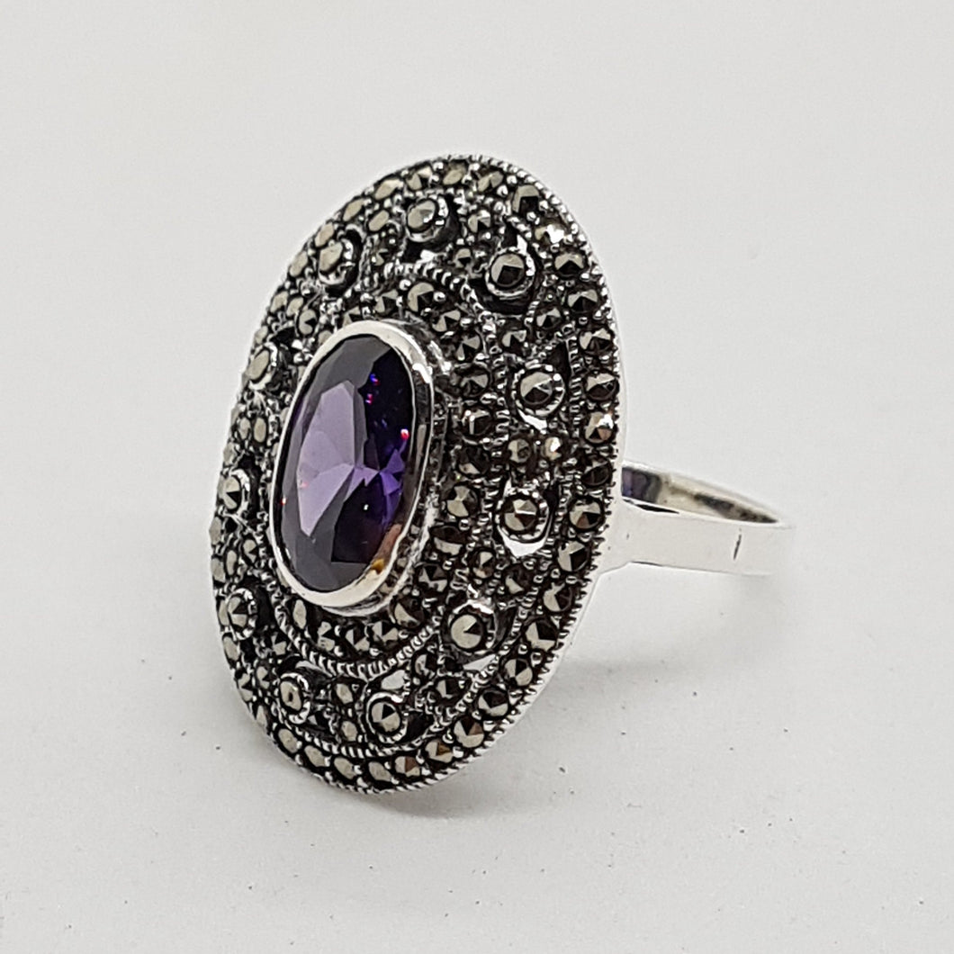 Sterling Silver Amethyst Crystal Marcasite Ring