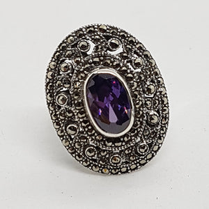 Sterling Silver Amethyst Crystal Marcasite Ring