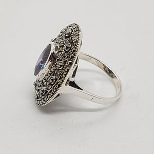 Sterling Silver Amethyst Crystal Marcasite Ring