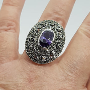 Sterling Silver Amethyst Crystal Marcasite Ring