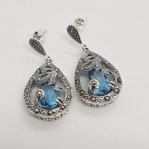 Sterling Silver Blue Topaz Crystal Marcasite Drop Earrings