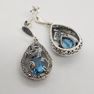 Sterling Silver Blue Topaz Crystal Marcasite Drop Earrings