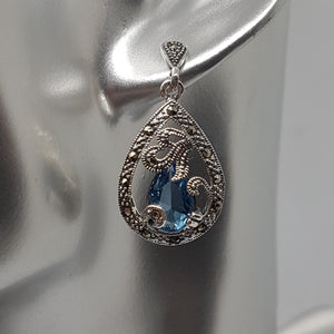 Sterling Silver Blue Topaz Crystal Marcasite Drop Earrings