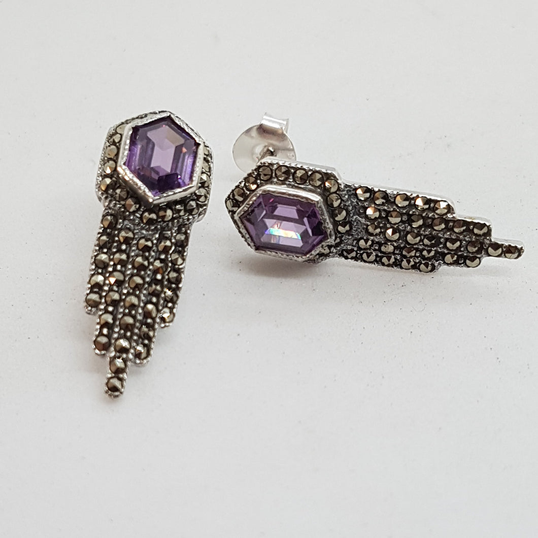 Sterling Silver Art Deco Style Purple Crystal and Marcasite Earrings