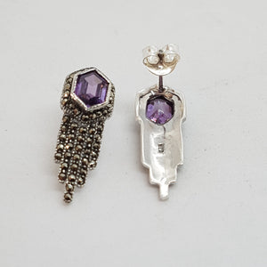 Sterling Silver Art Deco Style Purple Crystal and Marcasite Earrings