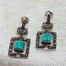 Load image into Gallery viewer, Sterling Silver Marcasite and Turquoise Drop Earrings
