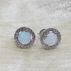 Sterling Silver Opal and CZ Stud Earrings