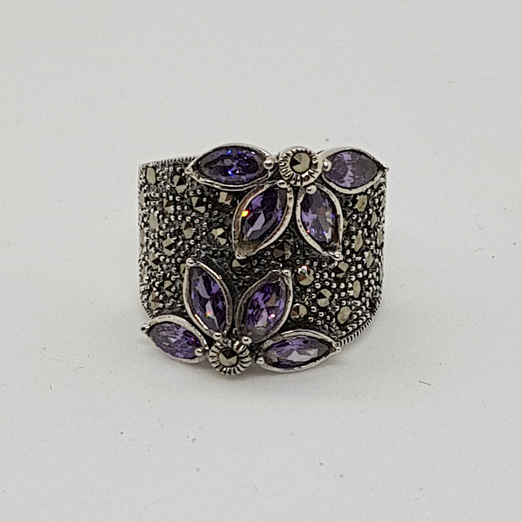 Sterling Silver Purple Stone and Marcasite Ring