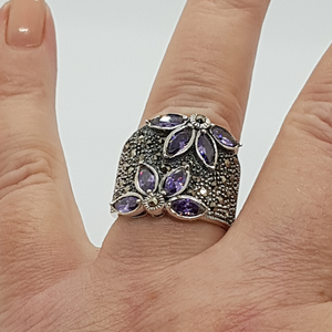 Sterling Silver Purple Stone and Marcasite Ring