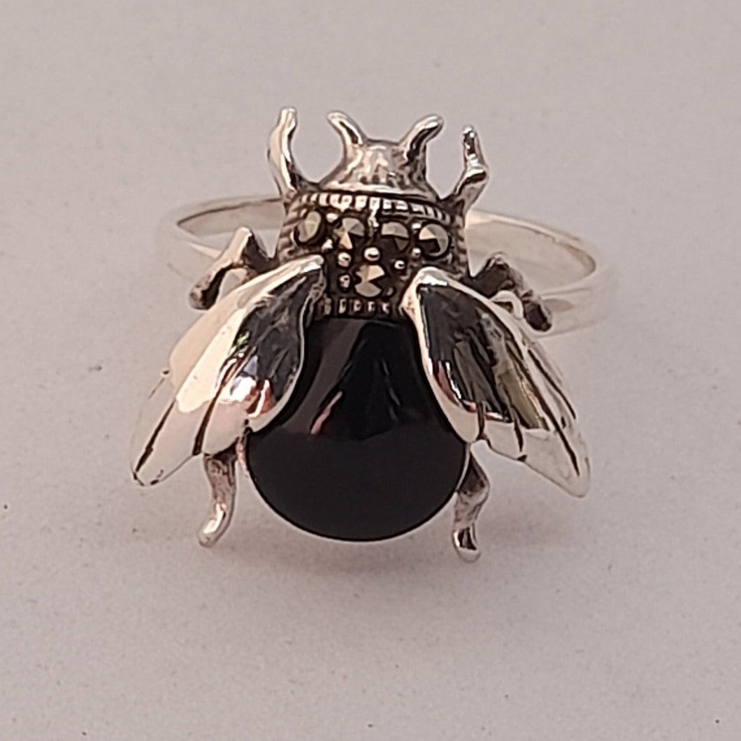 Sterling Silver Black Onyx Marcasite Bee Ring