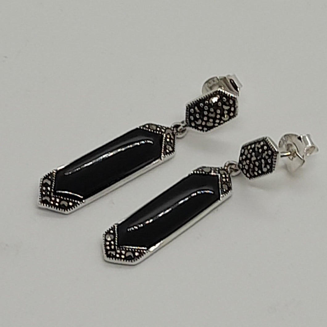 Sterling Silver Marcasite Black Onyx Drop Earrings