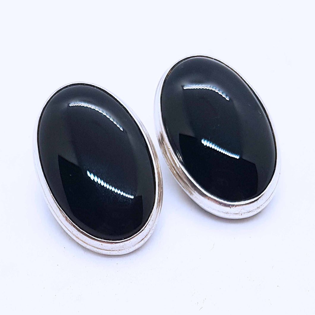 Sterling Silver and Black Onyx Clip-On Earrings-nessadorantiques-nessadorantiques