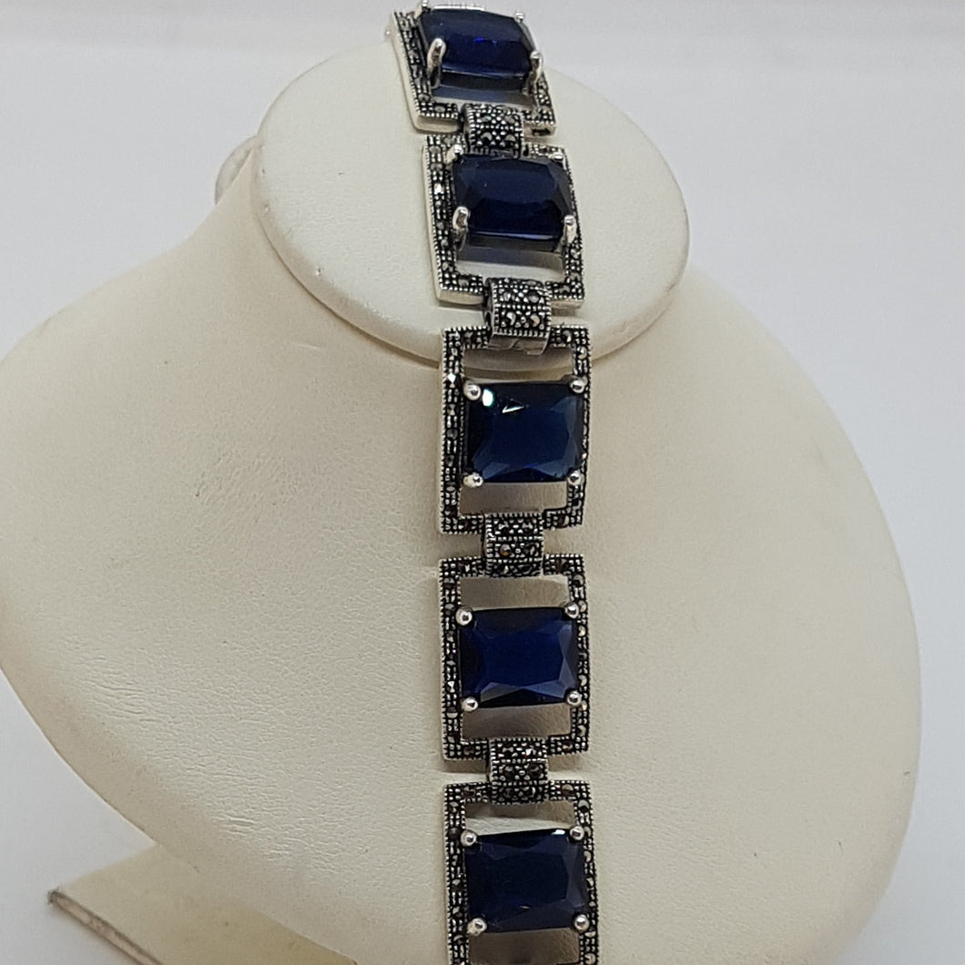 Sterling Silver Blue Stone Marcasite Bracelet