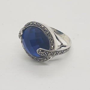 Sterling Silver Blue Stone Marcasite Dress Ring