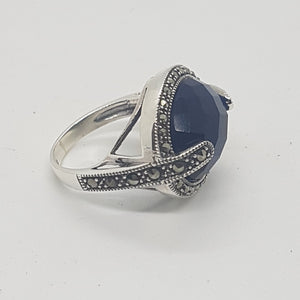 Sterling Silver Blue Stone Marcasite Dress Ring