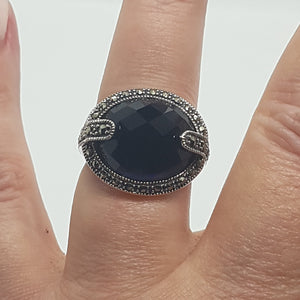 Sterling Silver Blue Stone Marcasite Dress Ring