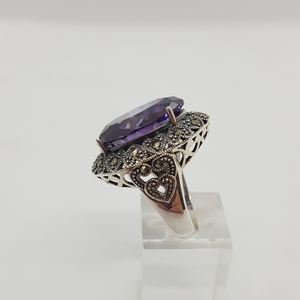 Sterling Silver Purple Stone and Marcasite Ring