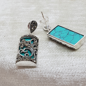 Sterling Silver Marcasite and Turquoise Drop Earrings