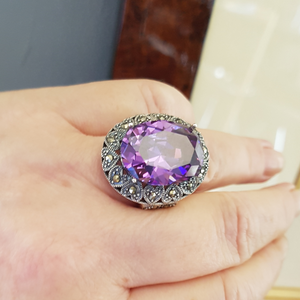 Sterling Silver Purple Stone and Marcasite Ring