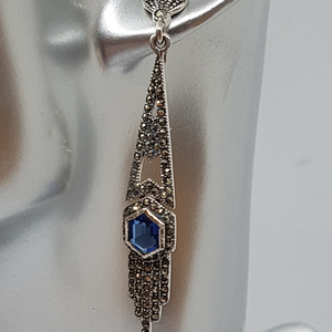 Sterling Silver Blue Stone Marcasite Art Deco Style Earrings