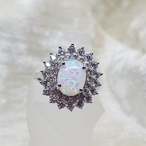 Sterling Silver Oval White Opal CZ Cluster Ring