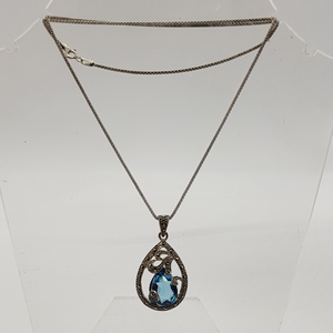 Sterling Silver Blue Stone and Marcasite Pendant