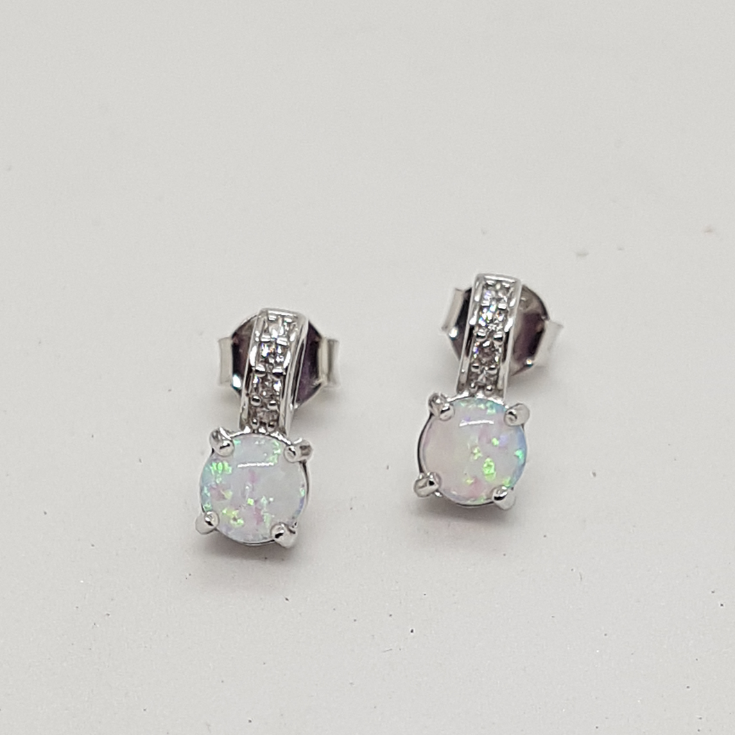 Sterling Silver Opal and CZ Stud Earrings