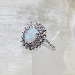 Sterling Silver Oval White Opal CZ Cluster Ring