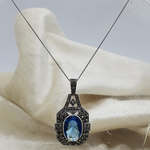 Sterling Silver Blue Stone and Marcasite Pendant