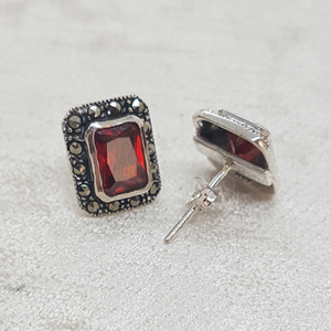 Sterling Silver Red Stone Stud Earrings