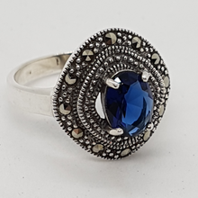 Load image into Gallery viewer, Sterling Silver blue Stone Marcasite Ring
