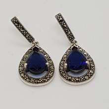 Load image into Gallery viewer, Sterling Silver Blue Stone and Marcasite Drop Earrings
